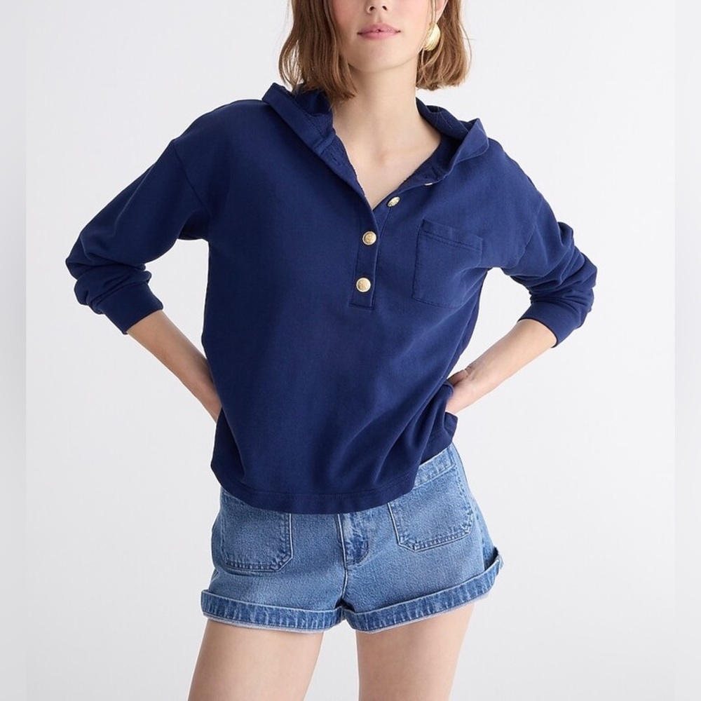 J.Crew University terry henley sweatshirt Navy L Large Gold Button Hoodie